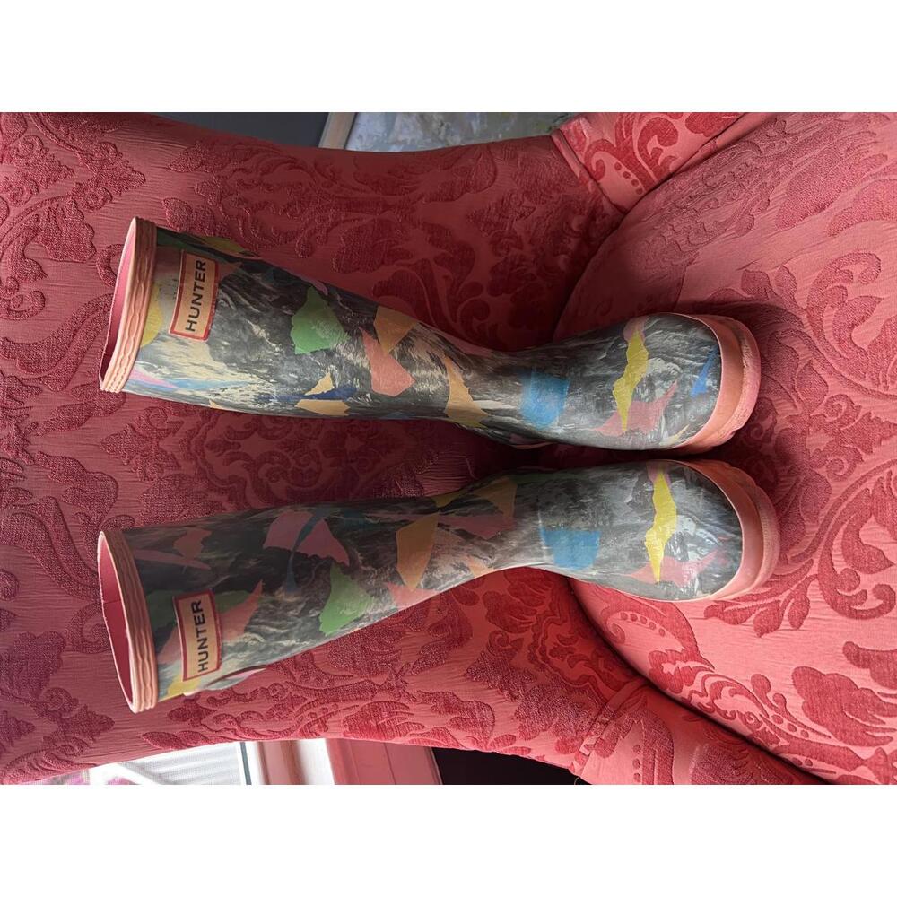Hunter Multicolor Patterned Rain Boots with Pink Soles and Trim